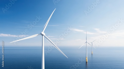 Serene view of wind turbines on the ocean, showcasing renewable energy and sustainable technology under a clear blue sky.