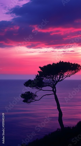 A silhouette of an isolated tree on the horizon with dramatic lighting, against a backdrop of a vast ocean at sunset