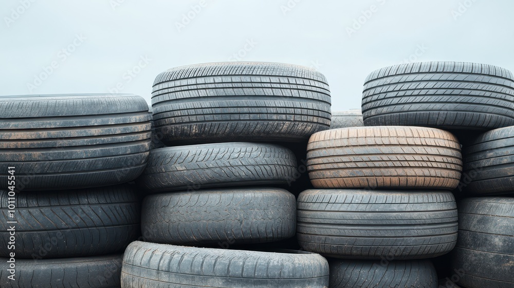 Stacked tires showcasing various textures and conditions, ideal for automotive themes and recycling concepts. Stacked tires showcasing various textures and conditions, ideal for automotive themes and recycling concepts.