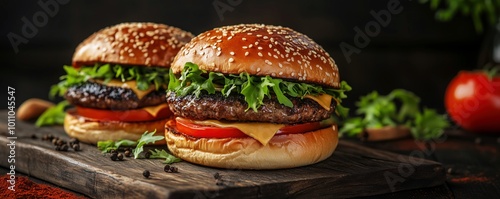 two delicious burgers featuring sesame seed buns, juicy beef patties, cheddar cheese, lettuce, and tomato slices, set on a rustic wooden table for food styling