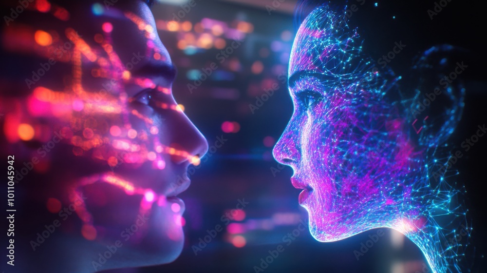 human speaking with a holographic AI assistant human speaking with a holographic AI assistant