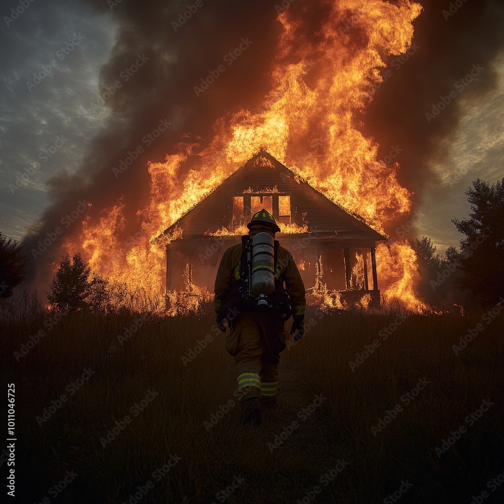 Fototapeta premium Heroic Firefighter Approaching House Engulfed in Flames, Ready to Fight the Fire