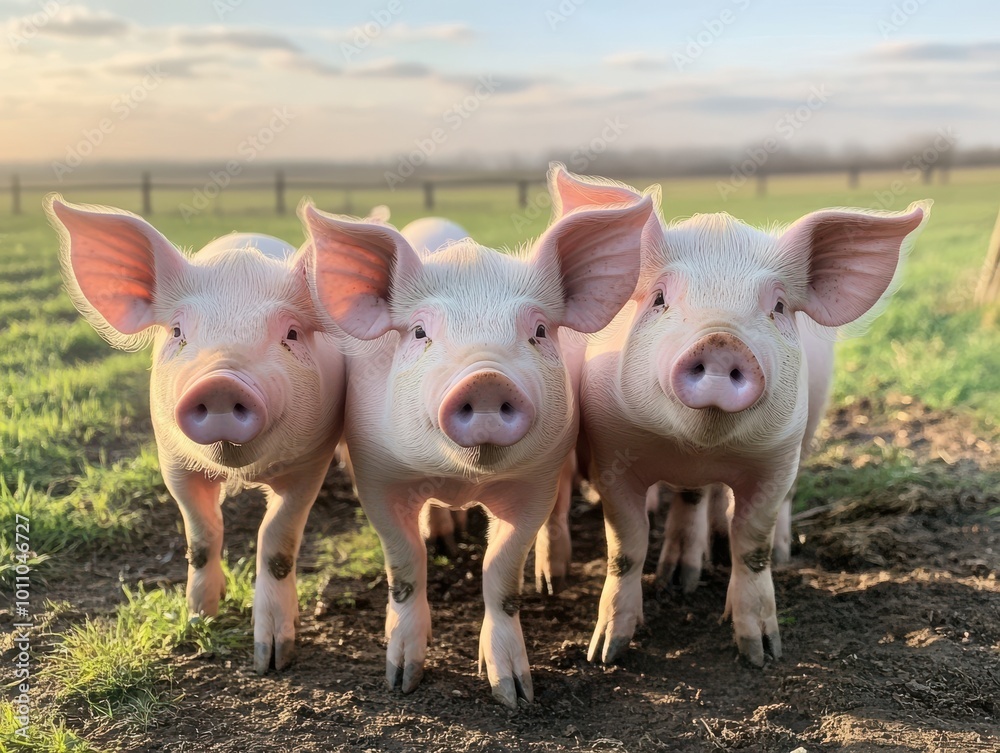 Three adorable piglets standing together in a lush green field, enjoying a sunny day in the countryside. Three adorable piglets standing together in a lush green field, enjoying a sunny day in the countryside.
