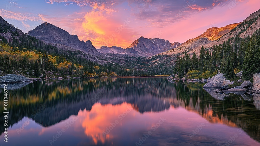 A serene lake surrounded by mountains and forests, reflecting the vibrant colors of the sunset in its still waters. A serene lake surrounded by mountains and forests, reflecting the vibrant colors of the sunset in its still waters.