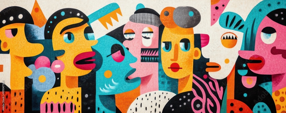 Obraz premium Vibrant and colorful abstract illustration showcasing diverse faces and expressions, perfect for modern art enthusiasts.
