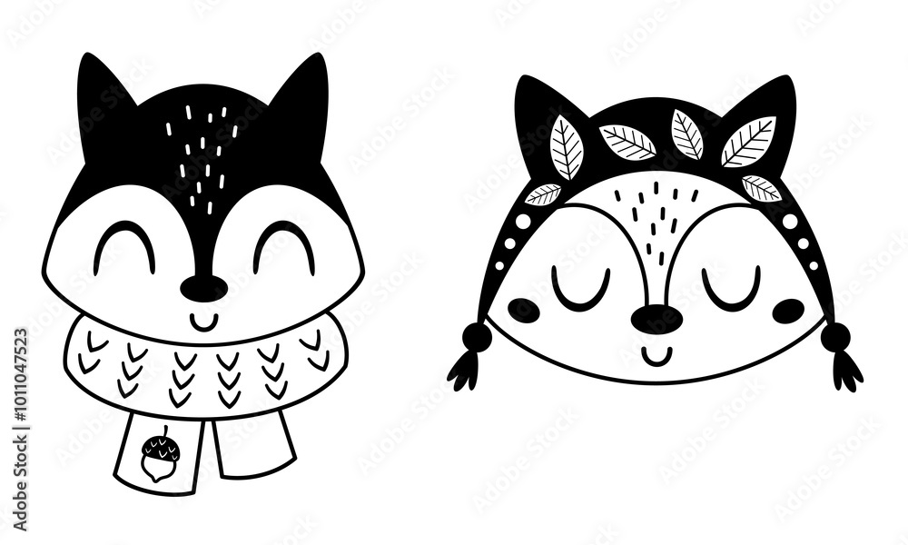 Fototapeta premium Fox face clipart. Cute black and white fox head clipart doodle. Autumn animal character. Hand drawn vector illustration in flat style