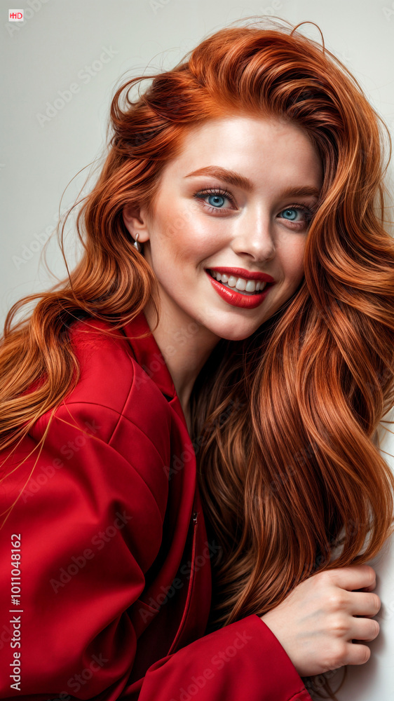 Fototapeta premium A Mesmerizing Gaze: Woman with red Bangs Holds Viewers Captive 