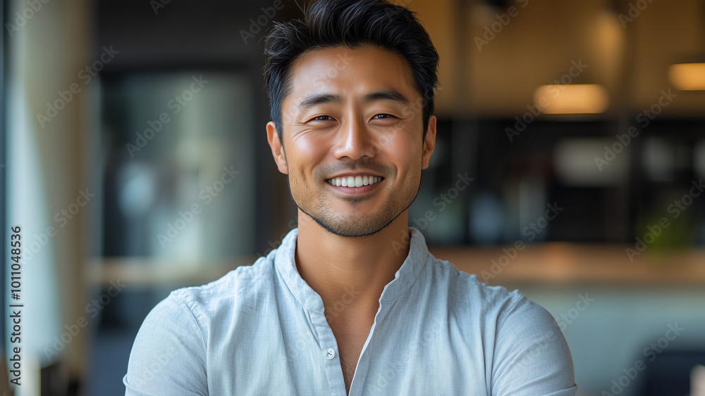 Obraz premium Asian Man Architect - man, portrait, smile, casual, indoors, office, confident, professional, happy, casual shirt, modern, workspace, business, entrepreneur