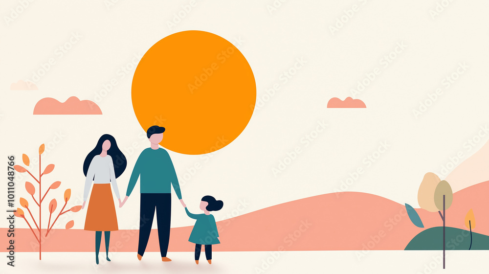 A simplified illustration of a family holding hands, walking under a large sun in a minimalistic landscape A simplified illustration of a family holding hands, walking under a large sun in a minimalistic landscape