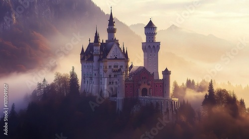 Enchanted Castle in Misty Landscape at Sunrise