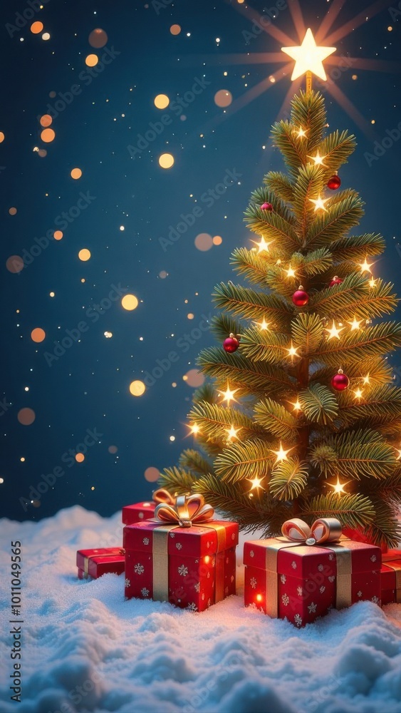 Obraz premium Christmas tree standing in snow with presents under a starry sky