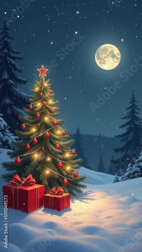 Wallpaper Mural Christmas tree standing in snowy forest at night with full moon Torontodigital.ca