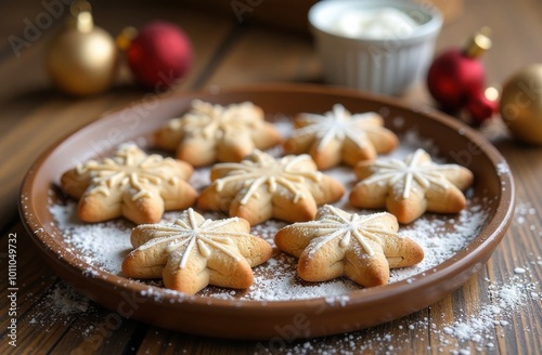 Christmas star cookies being dusted with icing sugar on rustic wooden table