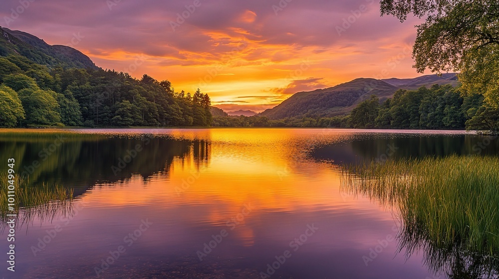 Serene Sunset Over Calm Lake with Vibrant Sky Serene Sunset Over Calm Lake with Vibrant Sky