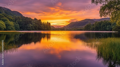 Serene Sunset Over Calm Lake with Vibrant Sky
