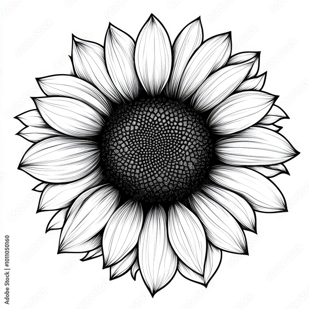 Intricate Line Drawing of a Sunflower Showcasing Detailed Petals and a Textured Center Intricate Line Drawing of a Sunflower Showcasing Detailed Petals and a Textured Center