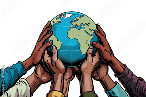 PNG Raised five diverse hands with a globe behind them planet space togetherness.