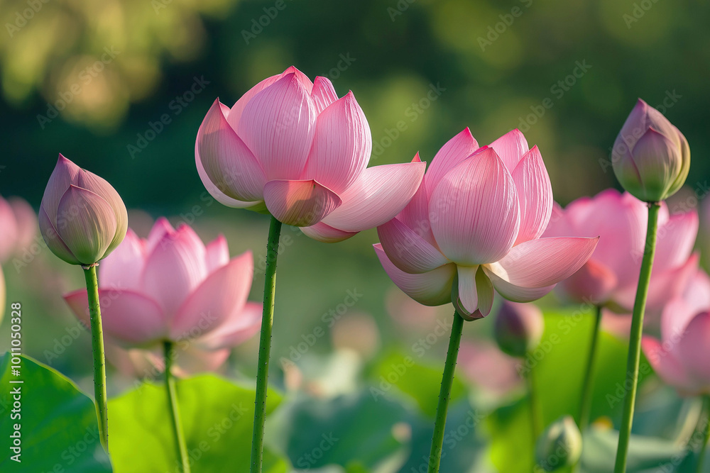 Beautiful blossoming lotuses on a gently blurred background. Beautiful background of flowers. Advertising banner.