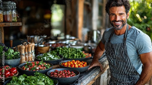 Chef smiles proudly at a vibrant display of fresh vegetables in an outdoor market during a sunny afternoon in a rustic setting