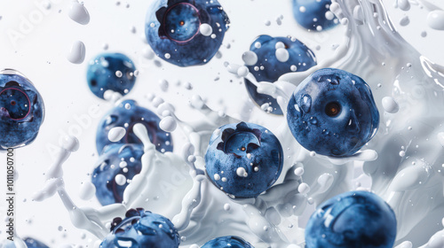 A scattering of blueberries falls into natural yogurt. Juicy blueberries float in milk, creating a beautiful and colorful picture. Milk drops fly in different directions. A delicious snack