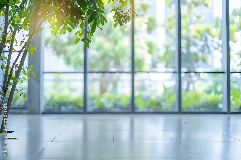 Blurred empty modern office with big windows and green trees Blurred empty modern office with big windows and green trees