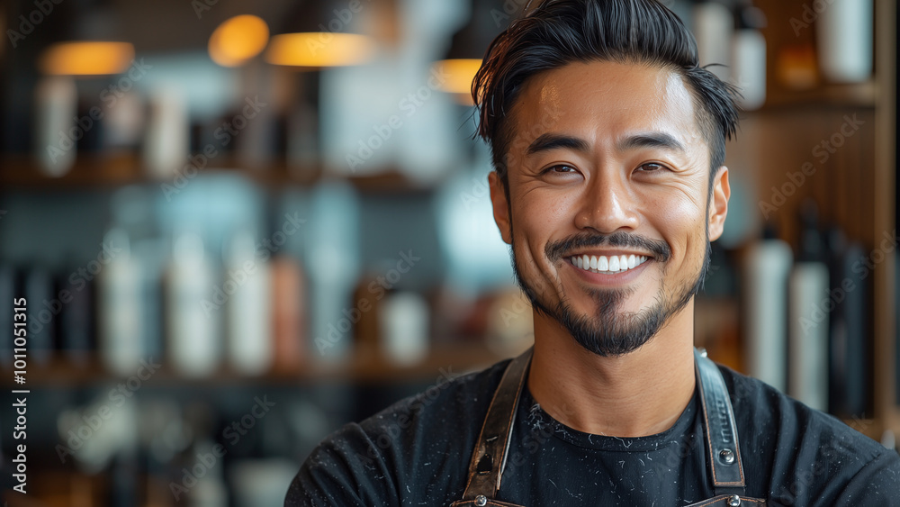 Asian Man Barber - barber, man, smile, hair, apron, beard, salon, professional, stylist, grooming, hairstyle, hairdresser, fashion, trendy, modern, confident