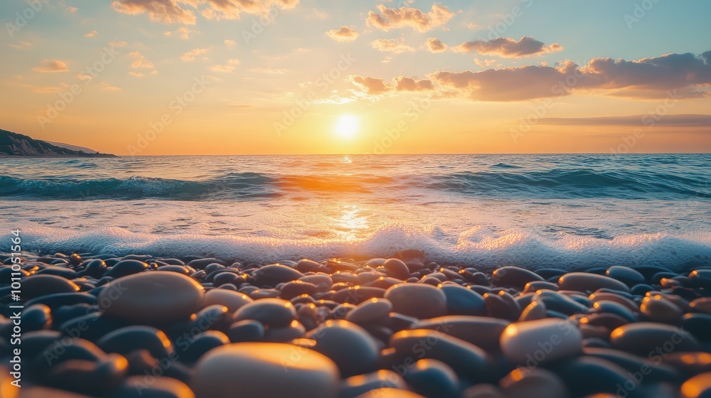 A tranquil beach at sunset, with smooth stones and gentle waves reflecting the vibrant colors of the sky. A tranquil beach at sunset, with smooth stones and gentle waves reflecting the vibrant colors of the sky.