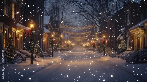 Quiet snowy street at night with houses adorned with Christmas lights gentle snowfall, snowy night street, Christmas night calm, winter night