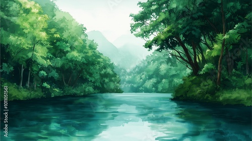 A serene landscape featuring a calm river surrounded by lush greenery and mountains, evoking tranquility and natural beauty.