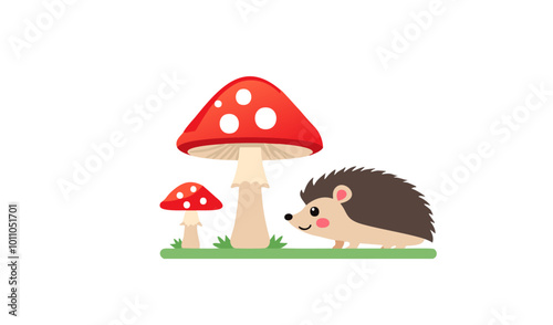 Hedgehog and Fly Agaric Mushrooms isolated vector, hedgehog illustration