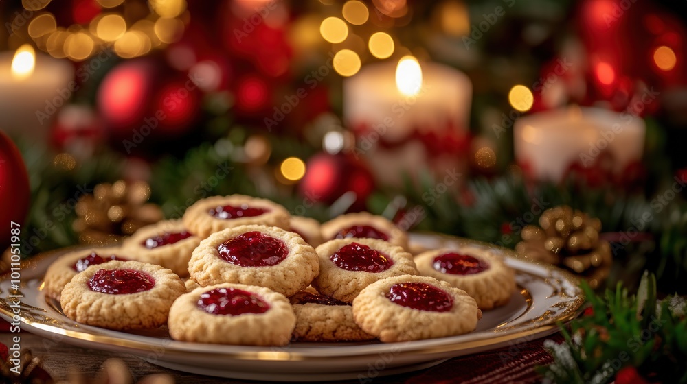 Golden brown cookies with a red jam center looking delicious and festive, tempting Christmas treats, jam filled cookies, holiday dessert Golden brown cookies with a red jam center looking delicious and festive, tempting Christmas treats, jam filled cookies, holiday dessert