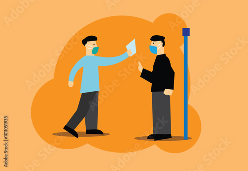 A tourist presenting a vaccination card to enter or a person showing his immigration papers or permit at an officer. Editable Clip Art.