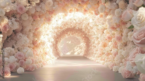 A tunnel of blooming roses in shades of blush and ivory, forming a stunning archway, perfect for a wedding entrance with a magical atmosphere