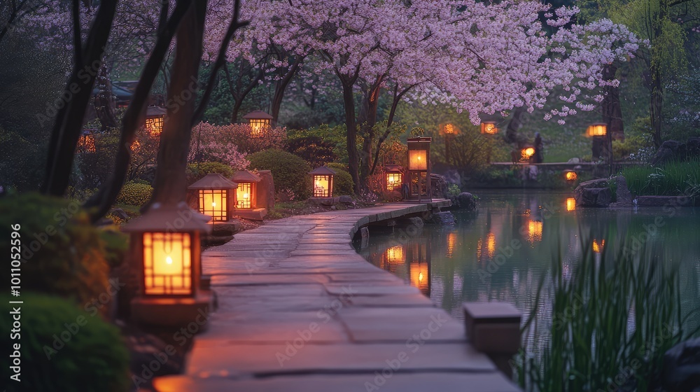A tranquil Japanese garden at dusk, with illuminated lanterns and cherry blossom trees, creating a serene, mystical atmosphere. A tranquil Japanese garden at dusk, with illuminated lanterns and cherry blossom trees, creating a serene, mystical atmosphere.