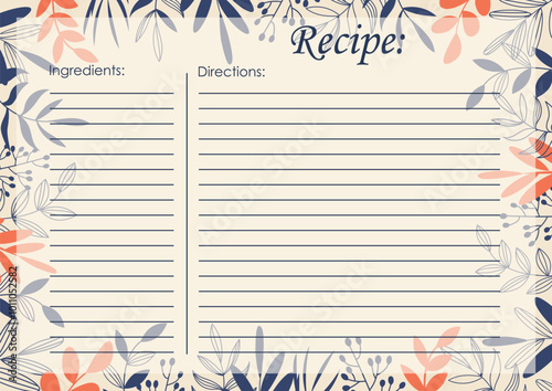Flourish cartoon recipe card template illustration. Cute retro kitchen recipe card