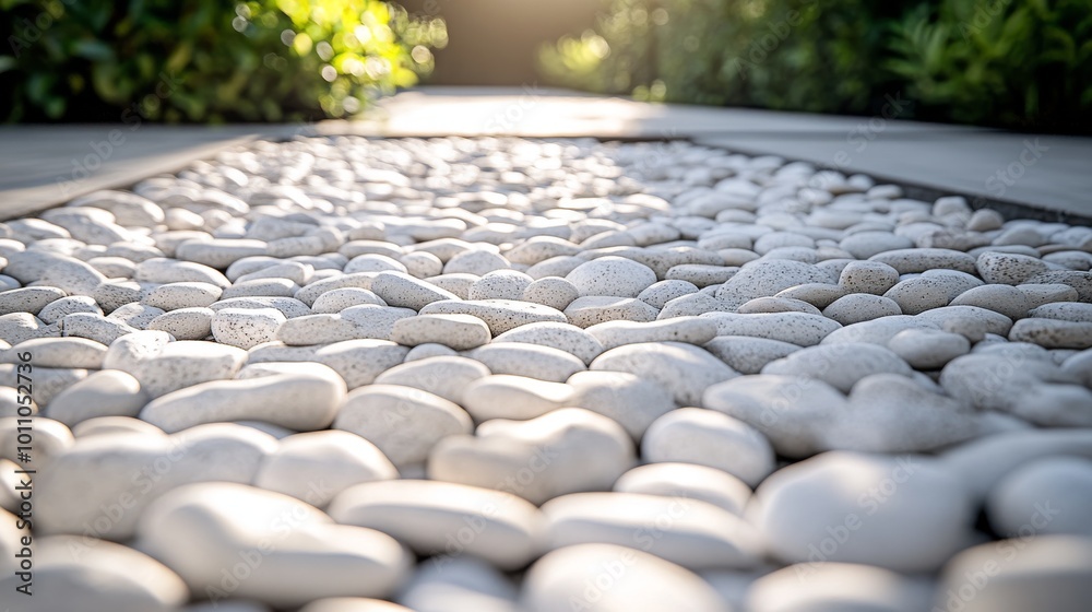 Obraz premium Pebble Pathway Illuminated by Sunlight in a Serene Garden Setting During the Golden Hour