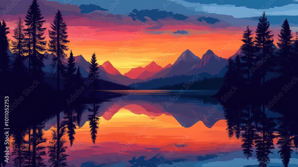 Fototapeta premium A tranquil mountain lake reflecting a vibrant sunset, with silhouettes of trees and mountains framing the scene.