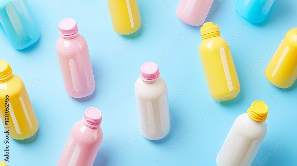 Baby Milk Bottles on Soft Pink and Blue Background - Website Header Baby Milk Bottles on Soft Pink and Blue Background - Website Header