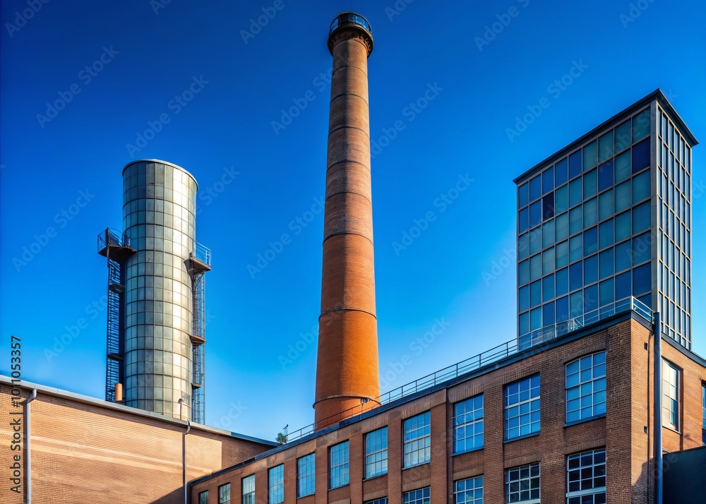 A towering industrial chimney rises against a clear blue sky, highlighting the interplay of urban architecture and A towering industrial chimney rises against a clear blue sky, highlighting the interplay of urban architecture and