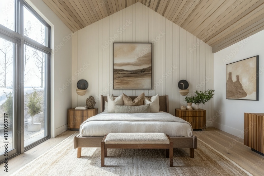 Modern master bedroom with light white oak wallpaper. Room with widows on the left, chic natural and neutral tones w dark walnut wooden bed in center of room Modern master bedroom with light white oak wallpaper. Room with widows on the left, chic natural and neutral tones w dark walnut wooden bed in center of room