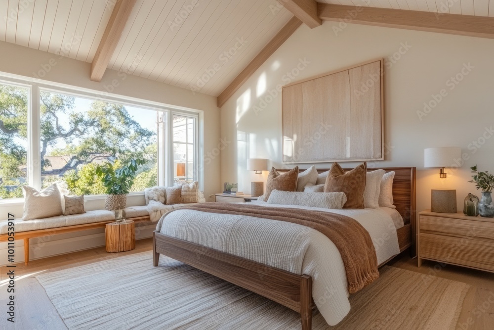 Modern master bedroom with light white oak wallpaper. Room with widows on the left, chic natural and neutral tones w dark walnut wooden bed in center of room Modern master bedroom with light white oak wallpaper. Room with widows on the left, chic natural and neutral tones w dark walnut wooden bed in center of room