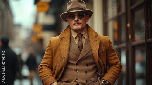 Sophisticated man in stylish brown outfit and hat posing confidently on a city street during daytime