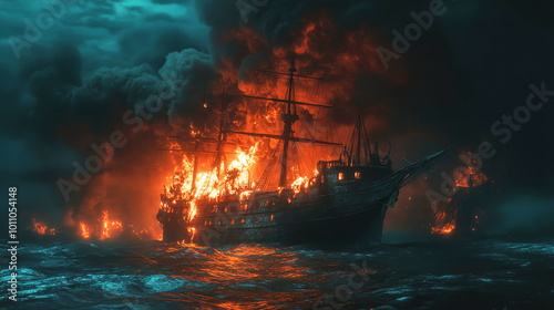 Wallpaper Mural A naval vessel ablaze as flames engulf the deck amidst turbulent ocean waters at night Torontodigital.ca