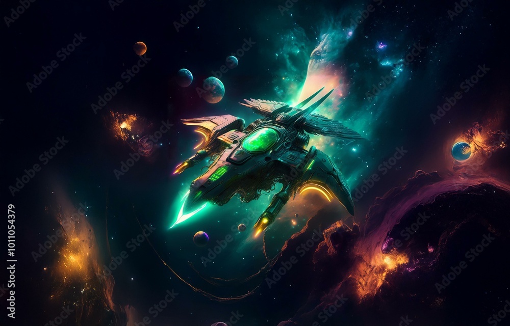 A spaceship flies through a galaxy of stars, planets, and nebulae. A spaceship flies through a galaxy of stars, planets, and nebulae.