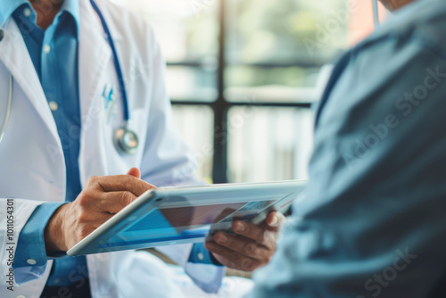 doctor is using digital tablet to explain diagnosis to patient, showcasing modern healthcare technology and communication. interaction emphasizes clarity and professionalism in medical consultations