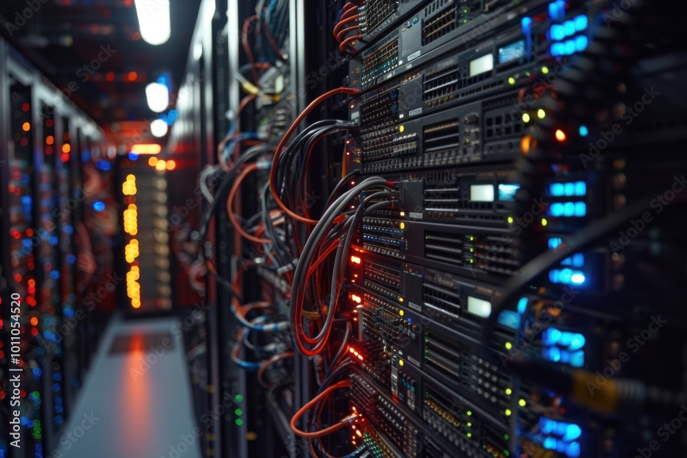 Server room with many devices and cables for cryptocurrency mining operations