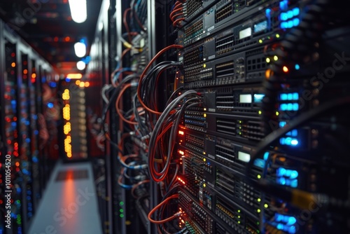 Server room with many devices and cables for cryptocurrency mining operations