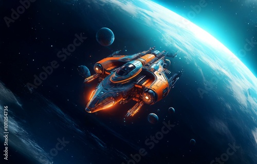 A futuristic spaceship with glowing orange lights flies past a large planet with blue clouds and a bright blue halo.