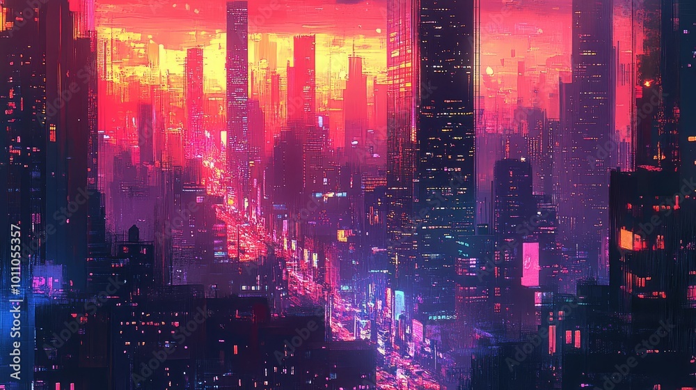 A vibrant cityscape at dusk, with skyscrapers reflecting the colors of the sunset and streetlights beginning to glow. A vibrant cityscape at dusk, with skyscrapers reflecting the colors of the sunset and streetlights beginning to glow.