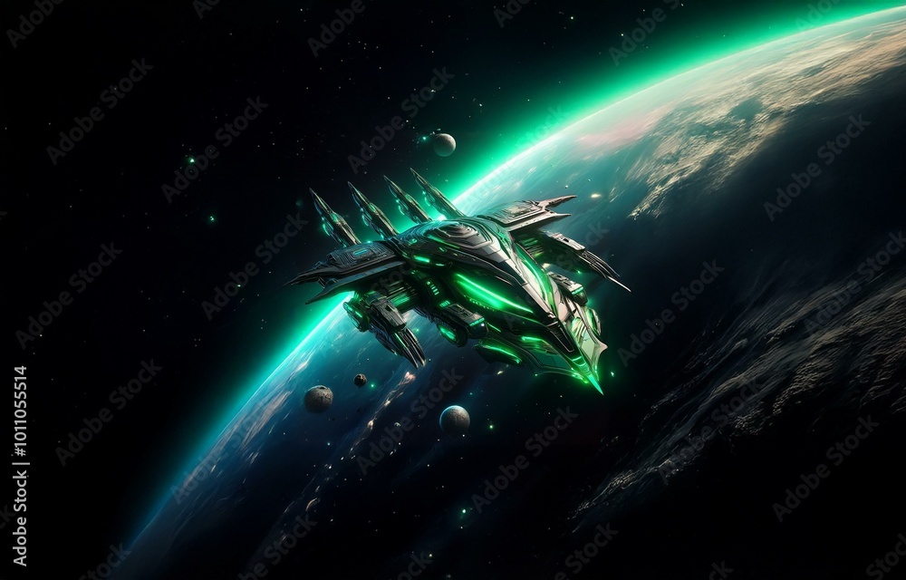 Naklejka premium A dark green spaceship with glowing lights flies through space above a planet with a green atmosphere.